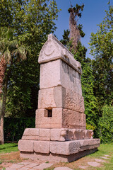 Lycian tomb or grave at the entrance to the archaeological museum with exhibits from ancient cities in Antalya