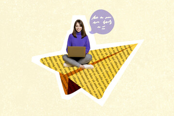 Creative 3d photo artwork graphics collage of funny girl sitting paper page plane typing modern...
