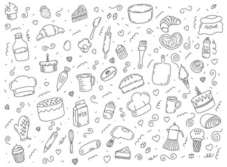 Doodle baking set. Hand drawn set of cooking elements. Vector illustration.