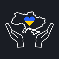 Map of Ukraine with a heart in the hands of people defending their native country from the aggressor. The Peace to Ukraine poster is drawn with a white outline on a black background. Vector.