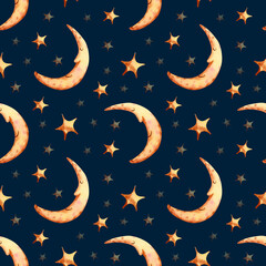 Fototapeta na wymiar Seamless moon and stars pattern. Watercolor dark blue background with gold cute night sky elements for wrapping paper, kids textile, wallpaper
