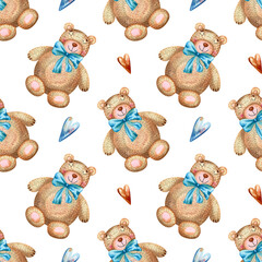 Seamless teddy bear pattern. Watercolor background with cute teddy bear toy with bow, hearts for wrapping paper, textile, wallpaper