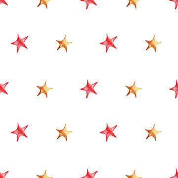 Seamless pattern with red and gold stars. Watercolor background for wrapping paper, textile, holidays decor, wallpaper