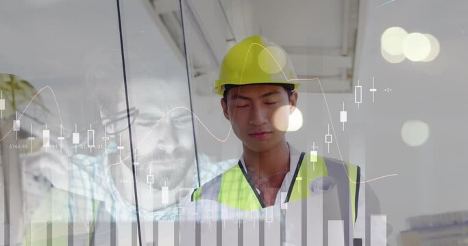 Animation of graphs over asian male worker with documents