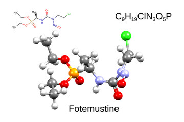 Chemical formula, skeletal formula, and 3D ball-and-stick model of chemotherapeutic drug fotemustine, white background