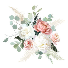 Obraz na płótnie Canvas Classic white peony, blush pink rose and carnation flowers, eucalyptus, dried pampas grass