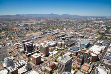 Above Downtown Phoenix, Arizona looking southwest towards the Estrella Mountains