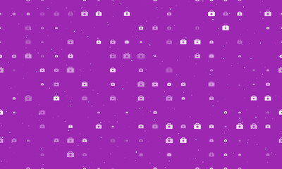 Seamless background pattern of evenly spaced white first aid symbols of different sizes and opacity. Vector illustration on purple background with stars