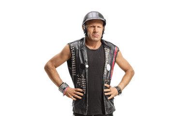 Male biker with a helmet with a grumpy face