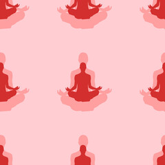 Seamless pattern of large isolated red yoga symbols. The elements are evenly spaced. Vector illustration on light red background