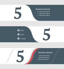 Set of blue grey banner, horizontal business banner templates. Banners with template for text and number five symbol. Classic and modern style. Vector illustration on grey background
