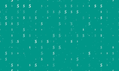 Seamless background pattern of evenly spaced white number five symbols of different sizes and opacity. Vector illustration on teal background with stars