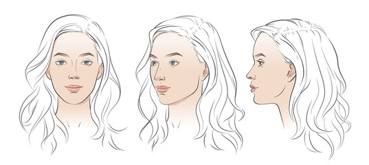 Vector woman face. Set of three different angles. Different view front, profile, three-quarter of a girl face.