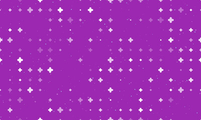 Seamless background pattern of evenly spaced white quatrefoil symbols of different sizes and opacity. Vector illustration on purple background with stars
