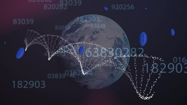 Animation of numbers, balls and dna over globe on black background