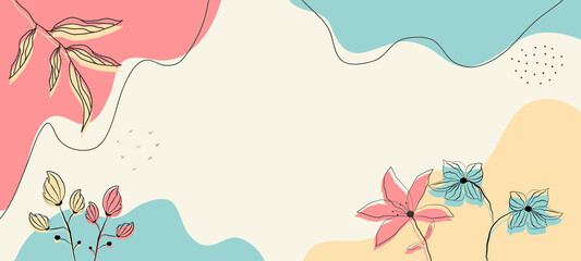 Minimalist abstract pattern background with florals and elements. Modern liquid splashes of wavy shapes in trendy floral style.