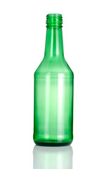 Empty green Glass Bottle and reflection isolated on white background, Suitable for Mock up creative graphic design, clipping path.