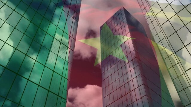 Animation of cameroon waving flag and financial data processing over cityscape