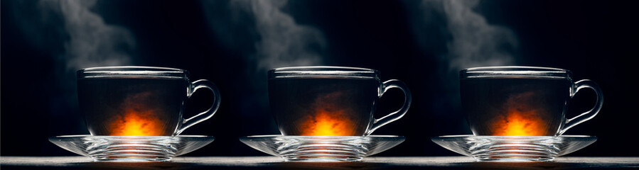Three cups of hot black tea on a dark background, hot tea, studio photo