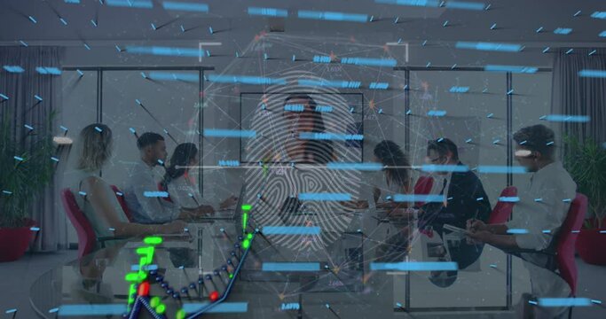 Animation of network of connections and data processing over diverse group of business people