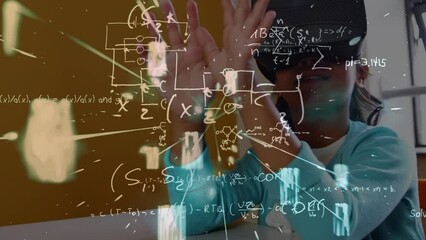 Animation of mathematical formulas over african american schoolgirl wearing vr headset - Powered by Adobe