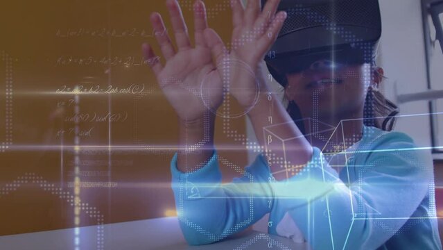Animation of mathematical formulas over biracial wearing vr headset