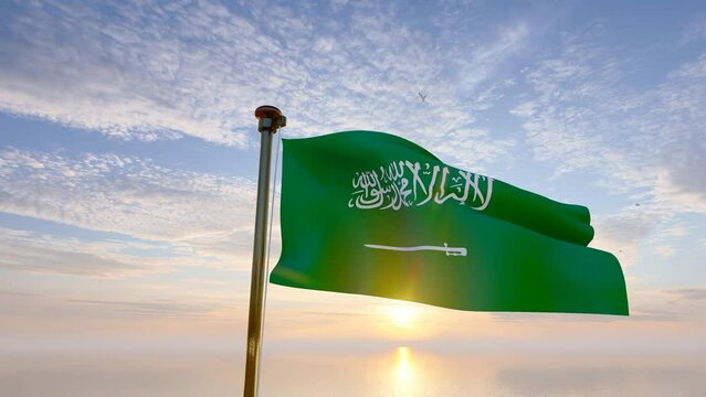 Flag of Saudi Arabia waving in the wind, sky and sun background. Saudi Arabia Flag Video. Realistic Animation, 4K UHD 25 FPS. 3D Animation
