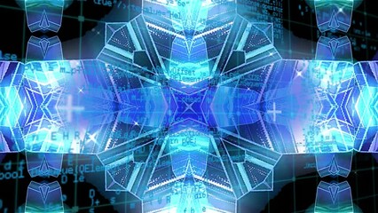 Animation of data processing over blue kaleidoscopic shapes - Powered by Adobe