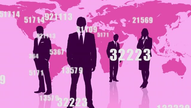 Animation of numbers over businesspeople and pink world map