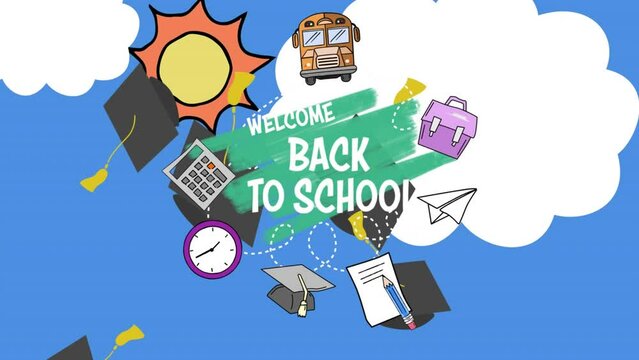 Animation of back to school and school items over blue background with clouds and sun
