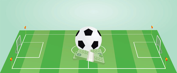 Obraz premium Soccer field with ball and money. vector
