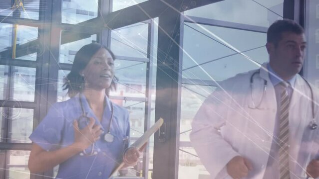 Animation of connections over diverse female and male doctors running