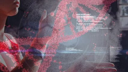 Animation of dna and data processing over caucasian female athlete - Powered by Adobe