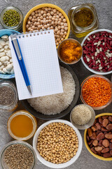 Vegetarian food and diet food concept with legumes, cereals and herbs