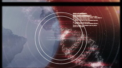 Animation of dna, globe, tape reel and data processing on red background - Powered by Adobe