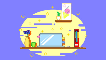 home office - a table with a laptop, vase of flowers, book conteiner, cup. a shelf with a poster and plant. blue background with yellow pattern