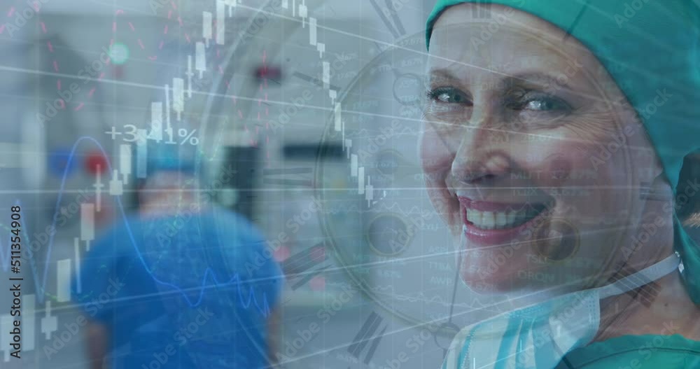 Wall mural Animation of data processing over caucasian female doctor smiling