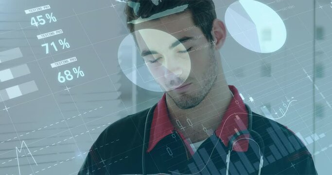 Animation of data processing over caucasian male paramedic smiling