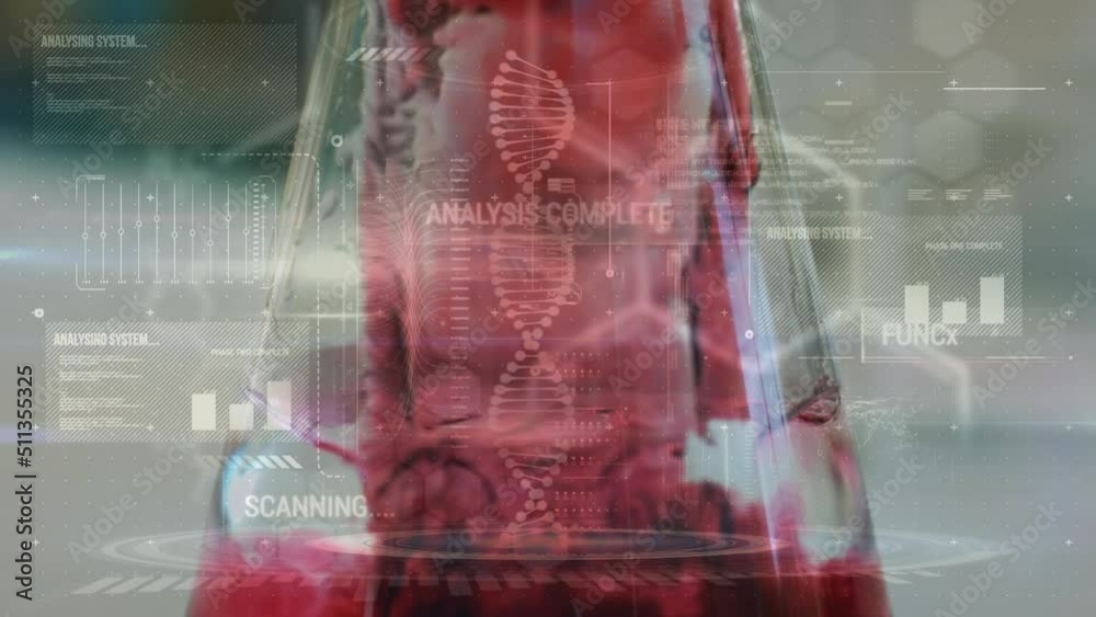 Poster animation of dna strand and data processing over caucasian scientist in lab