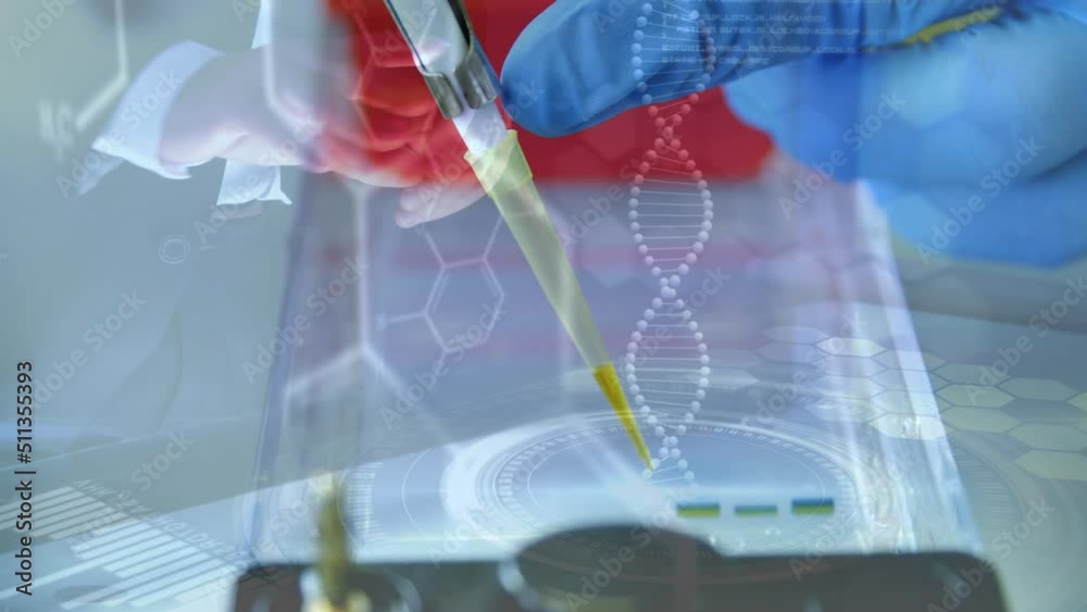 Poster animation of dna strand and data processing over caucasian scientist in lab