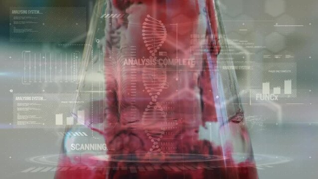 Animation of dna strand and data processing over caucasian scientist in lab