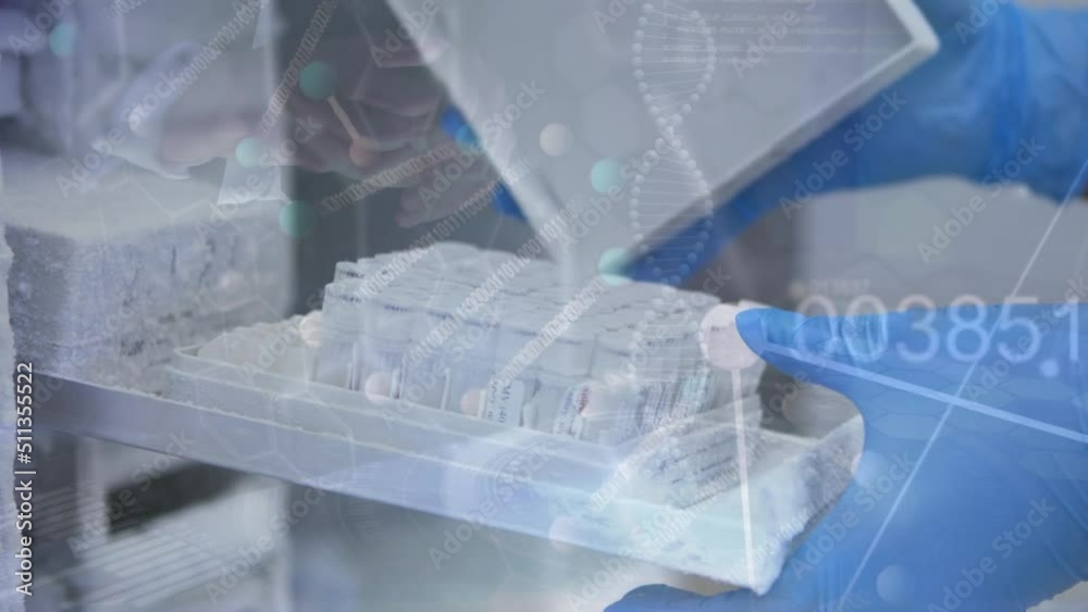 Poster animation of dna strand and data processing over caucasian scientist in lab