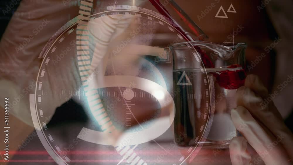 Poster animation of scope scanning and data processing over caucasian female scientist in lab