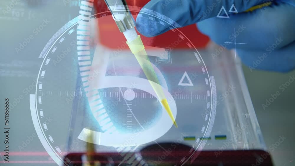 Poster animation of scope scanning and data processing over caucasian scientist in lab