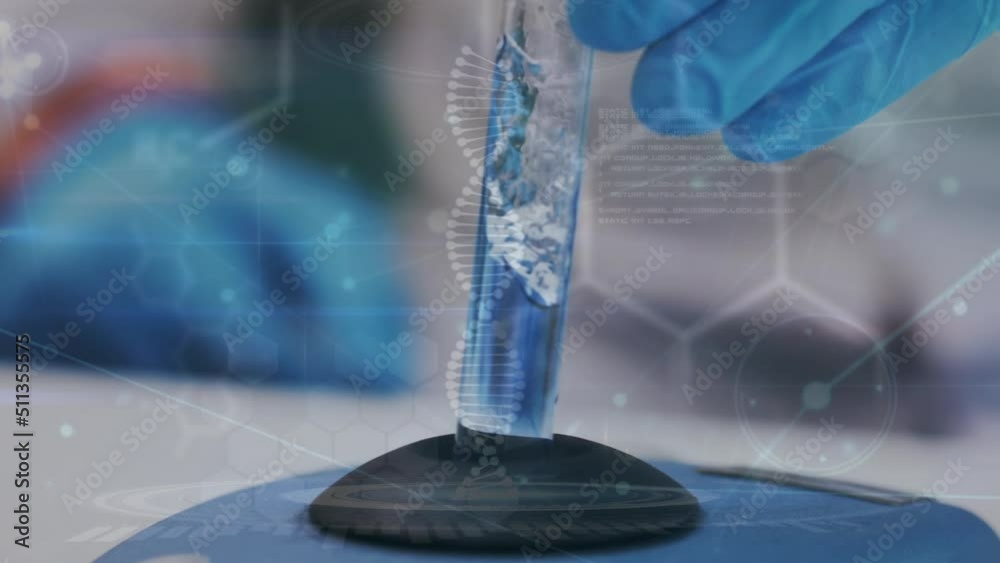 Poster animation of dna strand and data processing over caucasian scientist in lab