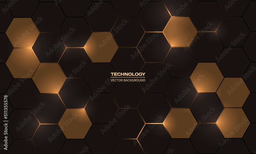 Poster dark gold and brown hexagonal technology vector abstract background. dark gold bright energy flashes