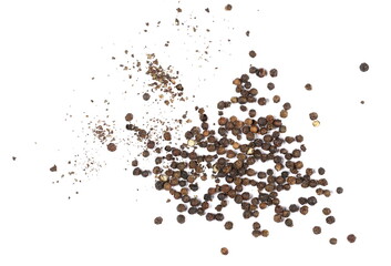 Minced black pepper and grains, ground peppercorn pile isolated on white, top view