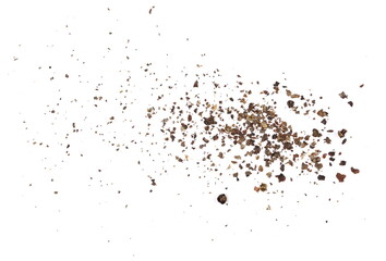 Minced black pepper, ground peppercorn pile isolated on white, top view