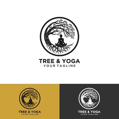 Yoga logo vector, a man meditation in Natural place.