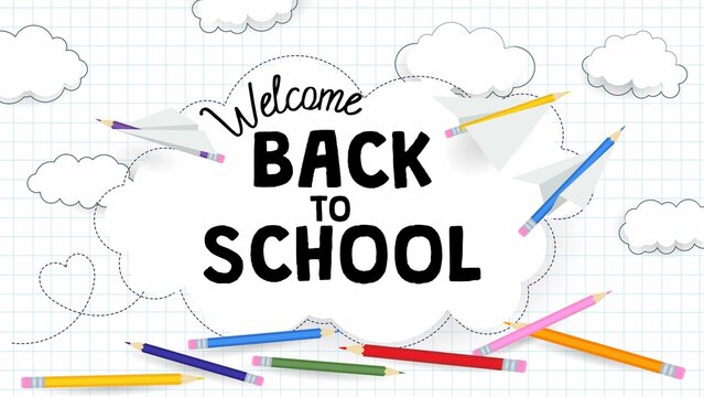 Back to school banner with paper airplanes and clouds. Cartoon vector illustration